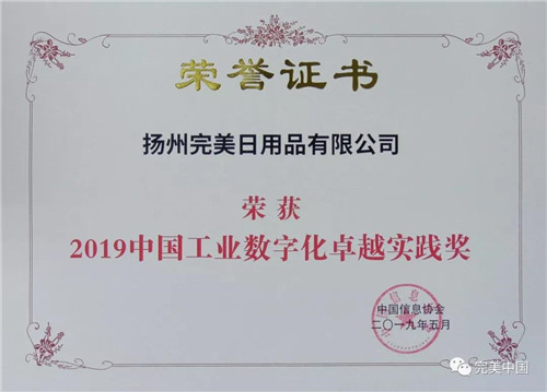 扬州完美喜获“2019中国工业数字化卓越实践奖”荣誉称号
