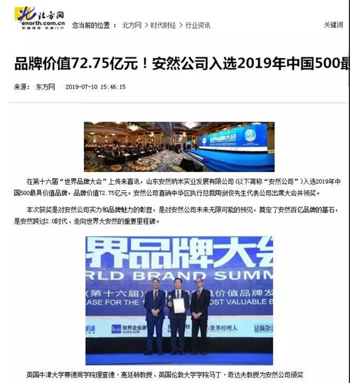 各大主流媒体报道安然公司入选2019年中国500最具价值品牌