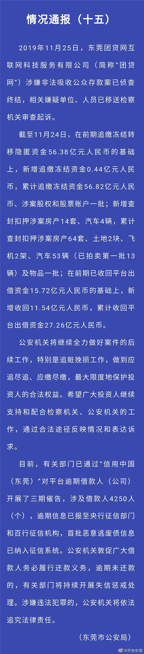 东莞警方：团贷网案侦查终结 相关嫌疑人员已移送检方 累计追缴冻结56.82亿元