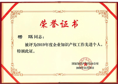 康婷集团总裁杨琪女士荣获“2019年度企业知识产权工作先进个人”称号